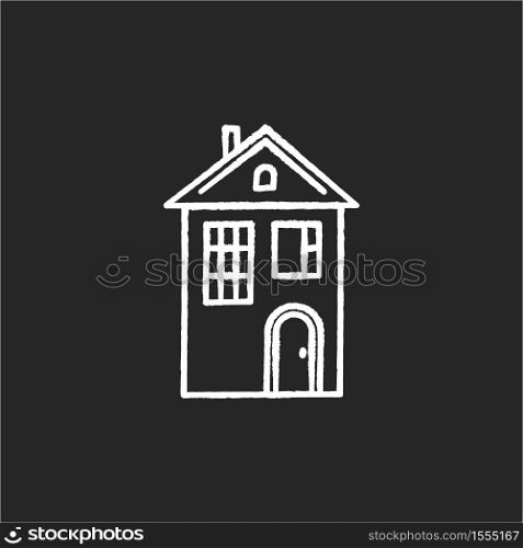 Home chalk white icon on black background. Suburban house. Modern family home for sale. Downtown dwelling. Real estate ownership. Apartment amenity. Isolated vector chalkboard illustration. Home chalk white icon on black background