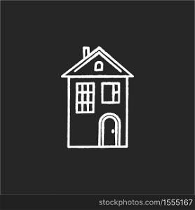 Home chalk white icon on black background. Suburban house. Modern family home for sale. Downtown dwelling. Real estate ownership. Apartment amenity. Isolated vector chalkboard illustration. Home chalk white icon on black background