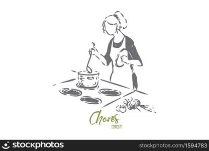 Home chef concept sketch. Woman preparing meal. Maid cooking soup. Stew preparation drawing. Household responsibility in kitchen. Mixing food with ladle. Isolated vector illustration.. Home chef concept sketch. Isolated vector illustration