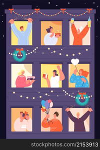 Home christmas time. People celebrating winter holidays, neighbors look out windows. New year celebrations, xmas good house utter vector poster. Illustration of christmas winter from house windows. Home christmas time. People celebrating winter holidays, neighbors look out windows. New year celebrations, xmas good house utter vector poster