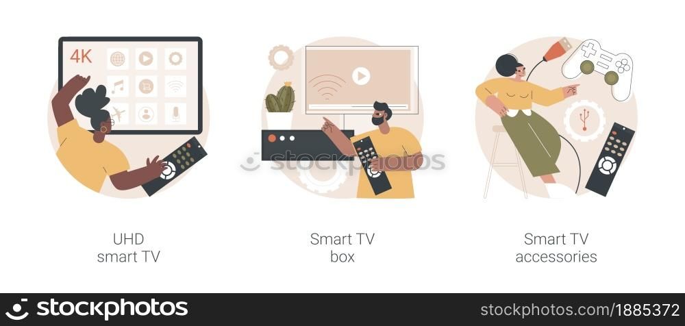 Home cinema abstract concept vector illustration set. UHD smart TV box, smart TV software, application and accessories, interactive entertainment, gaming tools, sound system abstract metaphor.. Home cinema abstract concept vector illustrations.