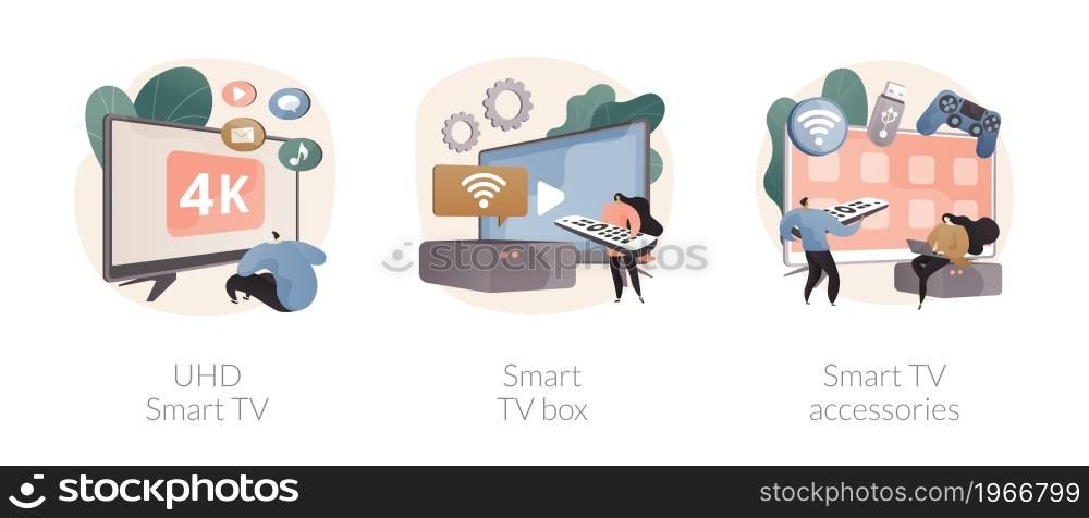 Home cinema abstract concept vector illustration set. UHD smart TV box, smart TV software, application and accessories, interactive entertainment, gaming tools, sound system abstract metaphor.. Home cinema abstract concept vector illustrations.