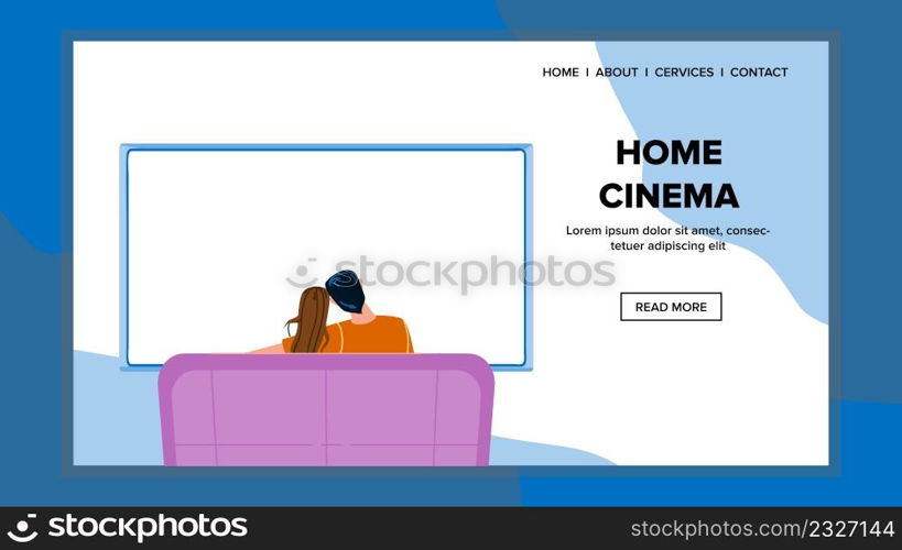 Home Cinema Enjoying Man And Woman Couple Vector. Home Cinema Technology Enjoy Boyfriend And Girlfriend, Watching Video Movie Together. Characters Resting On Sofa Web Flat Cartoon Illustration. Home Cinema Enjoying Man And Woman Couple Vector