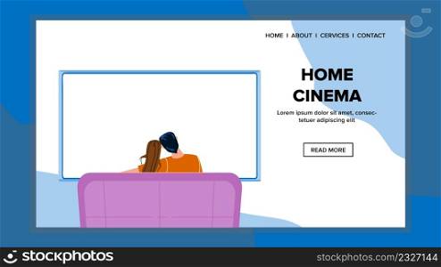 Home Cinema Enjoying Man And Woman Couple Vector. Home Cinema Technology Enjoy Boyfriend And Girlfriend, Watching Video Movie Together. Characters Resting On Sofa Web Flat Cartoon Illustration. Home Cinema Enjoying Man And Woman Couple Vector