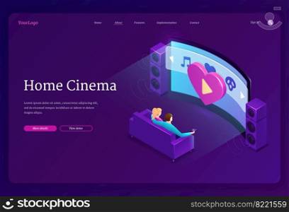 Home cinema isometric landing page. Family sitting on sofa watch huge tv with dynamics system in living room. Couple man and woman on couch front of glowing television screen, 3d vector web banner. Home cinema isometric landing page, 3d web banner