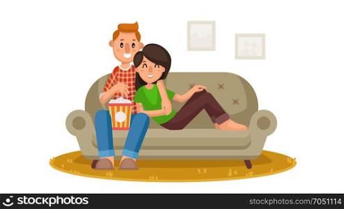 Home Cinema Vector. Home Room With TV Screen. Using Television Together. Online Home Movie. Cartoon Character Illustration. Young People Watching TV Vector. Drink Coffee, Relax At Home On Couch. Remote Control For TV Movie. Isolated On White Cartoon Character Illustration