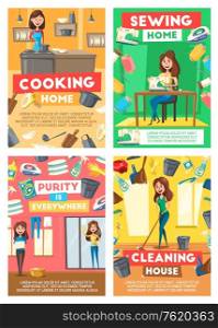 Home cleaning, housewife cooking and sewing service. Vector house laundry, dishwashing or floor mopping and clean kitchen service, professional housekeeping, needlework and windows washing. Home cleaning, housewife laundry, sewing service