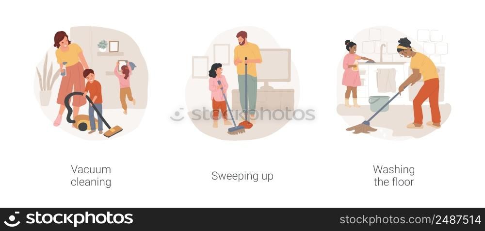 Home cleaning isolated cartoon vector illustration set. Vacuum cleaning, child and mother doing housework together, sweeping up, washing the floor, kid helping parents to clean vector cartoon.. Home cleaning isolated cartoon vector illustration set.