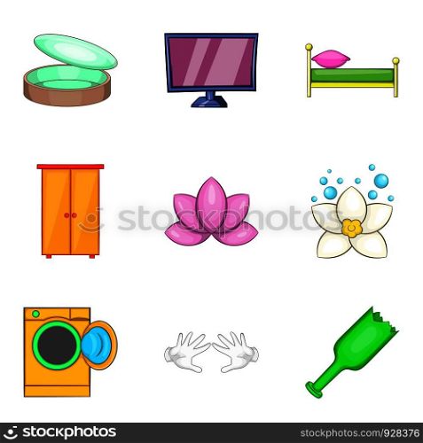 Home cleaning service icon set. Cartoon set of 9 home cleaning service vector icons for web design isolated on white background. Home cleaning service icon set, cartoon style