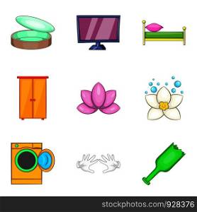 Home cleaning service icon set. Cartoon set of 9 home cleaning service vector icons for web design isolated on white background. Home cleaning service icon set, cartoon style