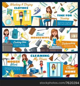 Home cleaning service, laundry and dishwashing, home needlework. Vector professional housewife and housekeeping service, floor mopping and window glass polishing, clothes ironing and sewing. House cleaning, home laundry and sewing service
