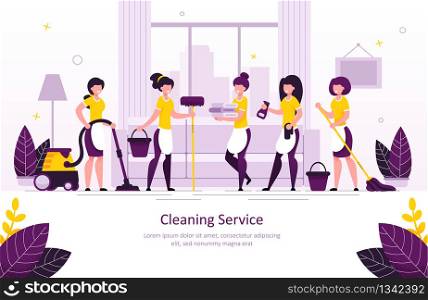 Home Cleaning Service Trendy Vector Advertising Banner, Promotion Poster Template. Happy Smiling Womans in Uniform, Maids Characters with Vacuum Cleaner, Mop and Bucket, Clean Towels Illustration