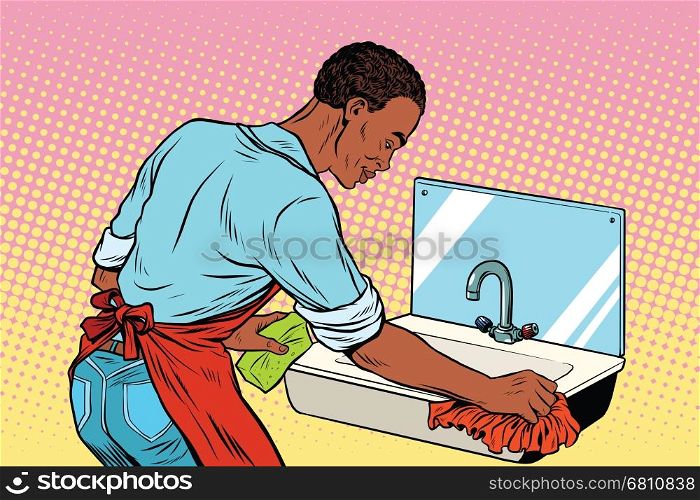 Home cleaning washing kitchen sinks, man works. Vintage pop art retro vector illustration. African American people