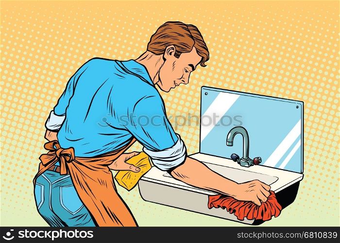 Home cleaning washing kitchen sinks, man works. Vintage pop art retro vector illustration