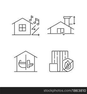 Home construction safety linear icons set. Sound insulation. Minimum chimney height. Resistance to fire. Customizable thin line contour symbols. Isolated vector outline illustrations. Editable stroke. Home construction safety linear icons set