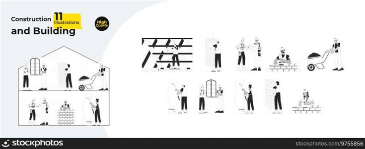 Home construction site black and white cartoon flat illustration bundle. Contractors hardhats 2D lineart characters isolated. Wallpaper, bricklaying monochrome scenes vector outline image collection. Home construction site black and white cartoon flat illustration bundle