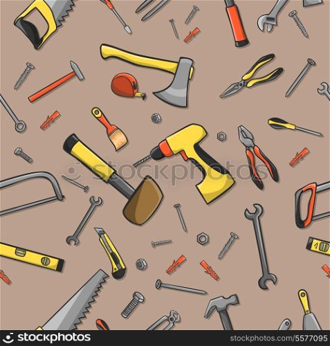 Home construction tools on a seamless brown pattern background vector illustration