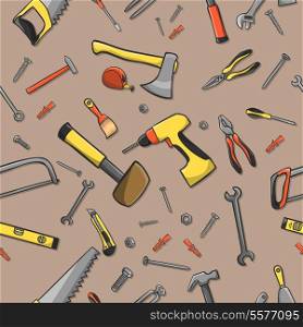 Home construction tools on a seamless brown pattern background vector illustration