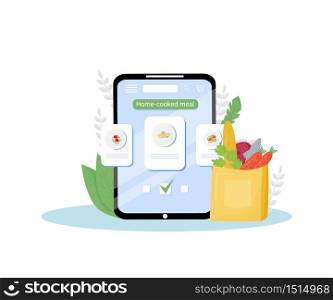 Home-cooked meals online order mobile application flat concept vector illustration. Certified home-kitchen, homemade eating delivery service. Ready-to-eat nutrition ordering app creative idea
