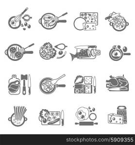 Home cooking black icons set. Healthy home cooking concept flat icons set with vegetables meat and fish dishes abstract isolated vector illustration