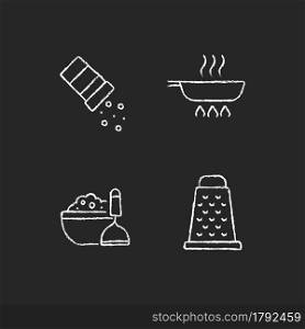 Home cooking chalk white icons set on dark background. Sprinkle salt. Frying pan. Mash potato. Grate for cutting. Meal instructions. Food preparation. Isolated vector chalkboard illustrations on black. Home cooking chalk white icons set on dark background