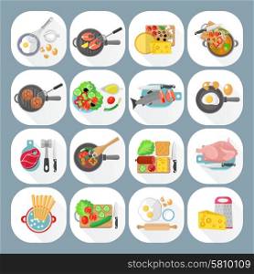 Home cooking day menu flat icons set with vegetables cheese and meat dishes abstract isolated vector illustration. Home cooking flat icons set