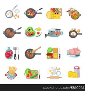 Home cooking flat icons set. Home cooking healthy food flat pictograms collection of meat salads and fish dishes abstract isolated vector illustration