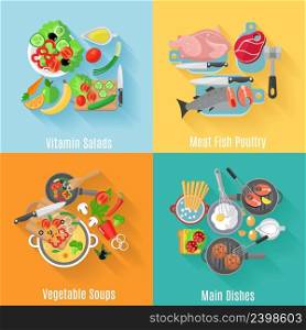 Home cooking main dishes and vegetable salads 4 flat icons square composition banner abstract isolated vector illustration. Home cooking 4 flat icons square banner