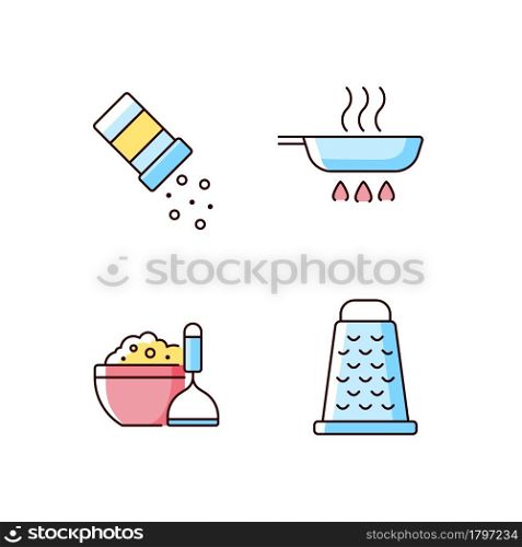 Home cooking RGB color icons set. Sprinkle salt. Frying pan. Mash potato. Grate for cutting. Meal instructions. Food preparation. Isolated vector illustrations. Simple filled line drawings collection. Home cooking RGB color icons set