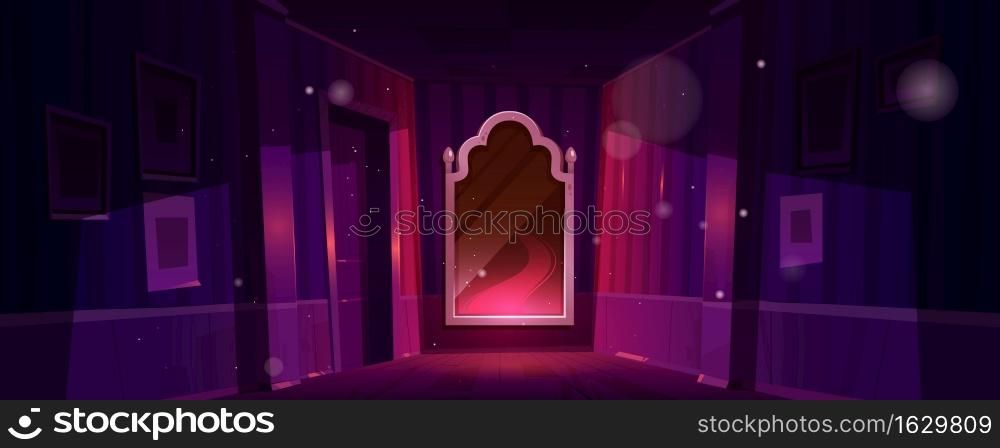 Home corridor interior with magic mirror on wall at night. Vector cartoon fantasy illustration of empty house hallway with luxury mirror in silver frame with mystery red glow and reflection. Home corridor interior with magic mirror at night