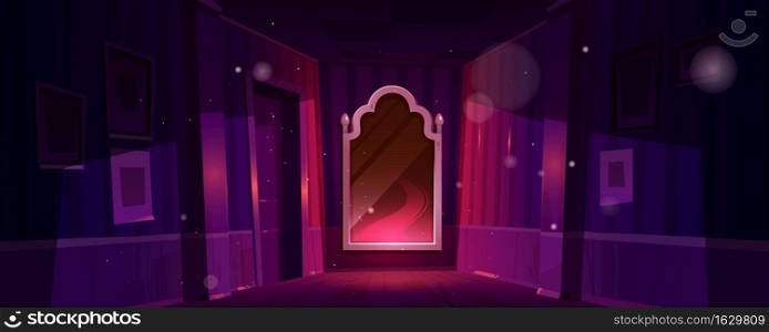 Home corridor interior with magic mirror on wall at night. Vector cartoon fantasy illustration of empty house hallway with luxury mirror in silver frame with mystery red glow and reflection. Home corridor interior with magic mirror at night