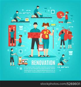 Home Cosmetic Repair Concept. Renovation crew square conceptual background with boy and girl faceless characters cleaning apartment with editable text vector illustration