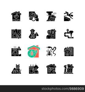 Home damage black glyph icons set on white space. Preventing house hazards. Flooding, water leak. Electric shock. Fall risks. Property crime. Burglary. Silhouette symbols. Vector isolated illustration. Home damage black glyph icons set on white space