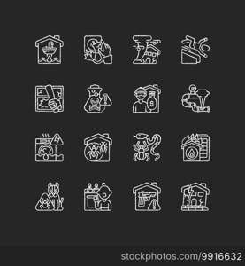 Home damage chalk white icons set on black background. Preventing house hazards. Flooding, water leak. Electric shock. Fall risks. Property crime. Burglary. Isolated vector chalkboard illustrations. Home damage chalk white icons set on black background