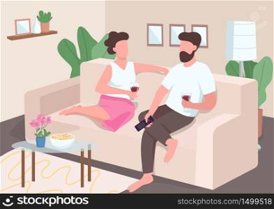 Home date flat color vector illustration. Boyfriend and girlfriend watch TV. Couple drink wine sitting on couch. Romantic partners 2D cartoon characters with interior on background