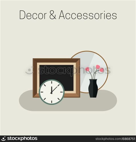 Home decor and accessories. Home decor and accessories flat banner. Vector illustration of equipment for interior.