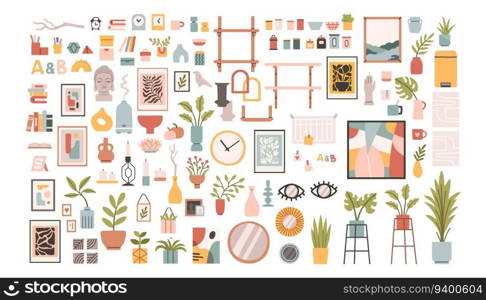 Home decor set for Scandinavian interior design. House plants, candles, shelves, vases for cozy trendy room decoration. Colored flat vector illustration isolated on white. Vector illustration