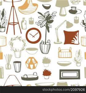 Home decor set. Lamps, indoor flowers, vases. Vector seamless pattern