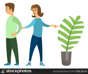 Home decor store vector, couple shopping in furniture shop. Plant with big leaves, monstera in pot, houseplant interior improvement. Man and woman. Couple in Furniture Store Man and Woman with Plant