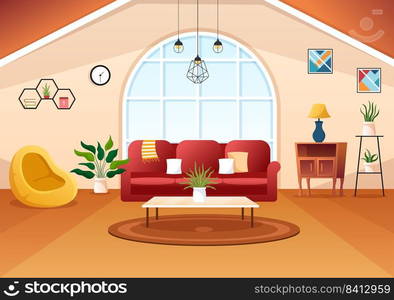 Home Decor Template Hand Drawn Cartoon Illustration The set of Furniture and Living Room Interior in Flat Style Design