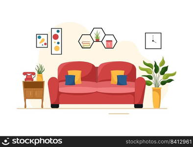 Home Decor Template Hand Drawn Cartoon Illustration The set of Furniture and Living Room Interior in Flat Style Design