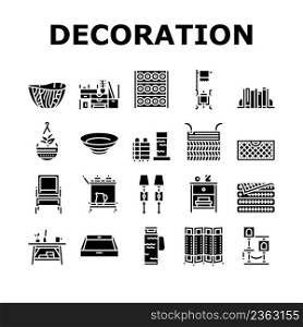 Home Decoration And Furniture Icons Set Vector. Bookends And Rattan Patio Home Decoration, Noodle And Wooden Bowl, Desktop Organizer And Mesh Basket. Room Divider Glyph Pictograms Black Illustrations. Home Decoration And Furniture Icons Set Vector