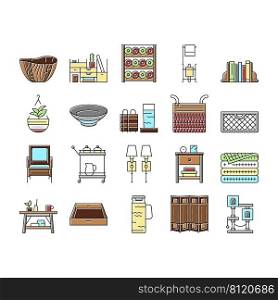 Home Decoration And Furniture Icons Set Vector. Bookends And Rattan Patio Home Decoration, Noodle And Wooden Bowl, Desktop Organizer And Mesh Basket. Room Divider Color Illustrations. Home Decoration And Furniture Icons Set Vector