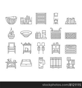 Home Decoration And Furniture Icons Set Vector. Bookends And Rattan Patio Home Decoration, Noodle And Wooden Bowl, Desktop Organizer And Mesh Basket. Room Divider Black Contour Illustrations. Home Decoration And Furniture Icons Set Vector