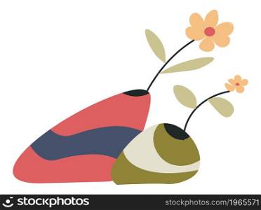 Home decoration and interior design, isolated geometric vases with curved shape and stripes. Flowers in blossom, blooming flora growing. Spring or summer adornment. Vector in flat style illustration. Flowers in geometric modern vases, home decor