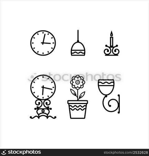 Home Decoration Icon, Decorative Item Icon, Candle, Lamp, Clock, Flower Pot Vector Art Illustration