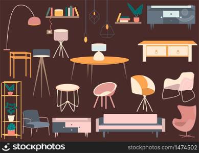Home decorations flora decor. Flat design style vector illustration. Couch, sofa, chair, table, desk lamp, mirror, recorder, many different plant in pot isolated, made in pastel colors. Room in house
