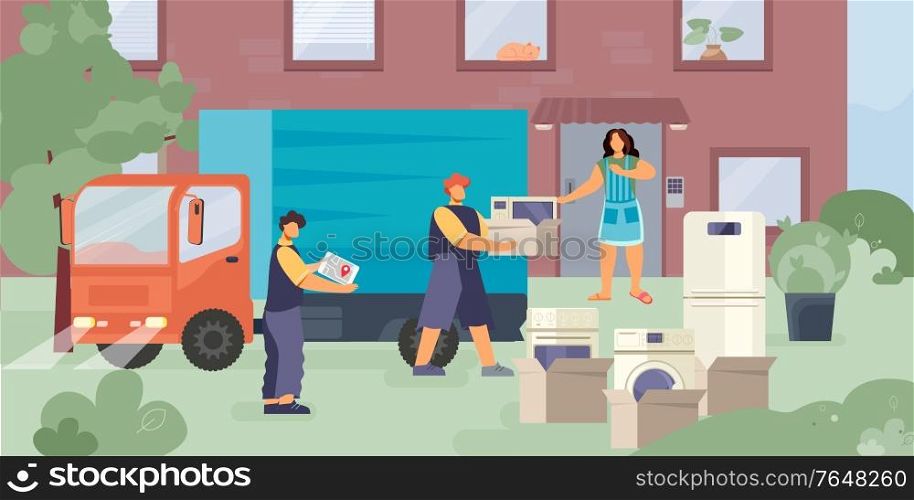 Home delivery equipment flat composition with outdoor scenery and worker characters unloading truck with household appliances vector illustration