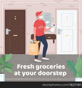 Home delivery social media post mockup. Fresh groceries at your doorstep phrase. Web banner design template. Covid booster, content layout with inscription. Poster, print ads and flat illustration. Home delivery social media post mockup