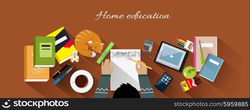 Home education flat design concept. Education kids, home school, home learning, workplace and paper, desk and work, workspace table, professional workstation, learning and coffee illustration